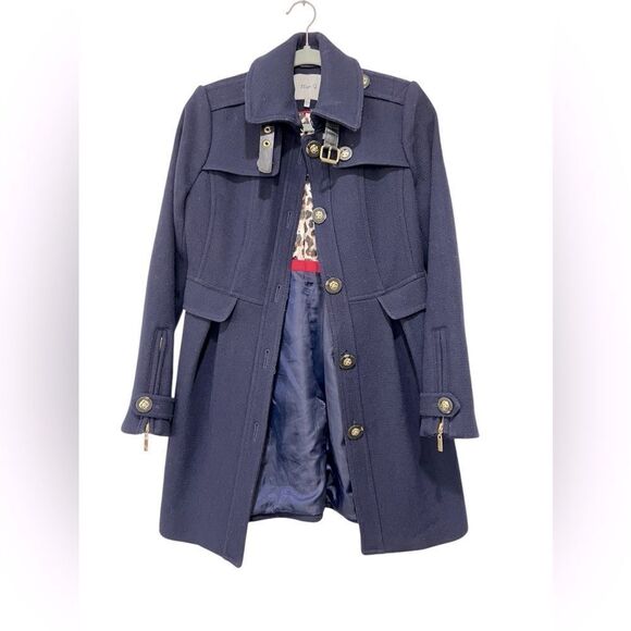 Eliza J Wool-Blend Coat - Navy, Size XS, Belted, Gold Buttons, Leopard Lining - Picture 1 of 13
